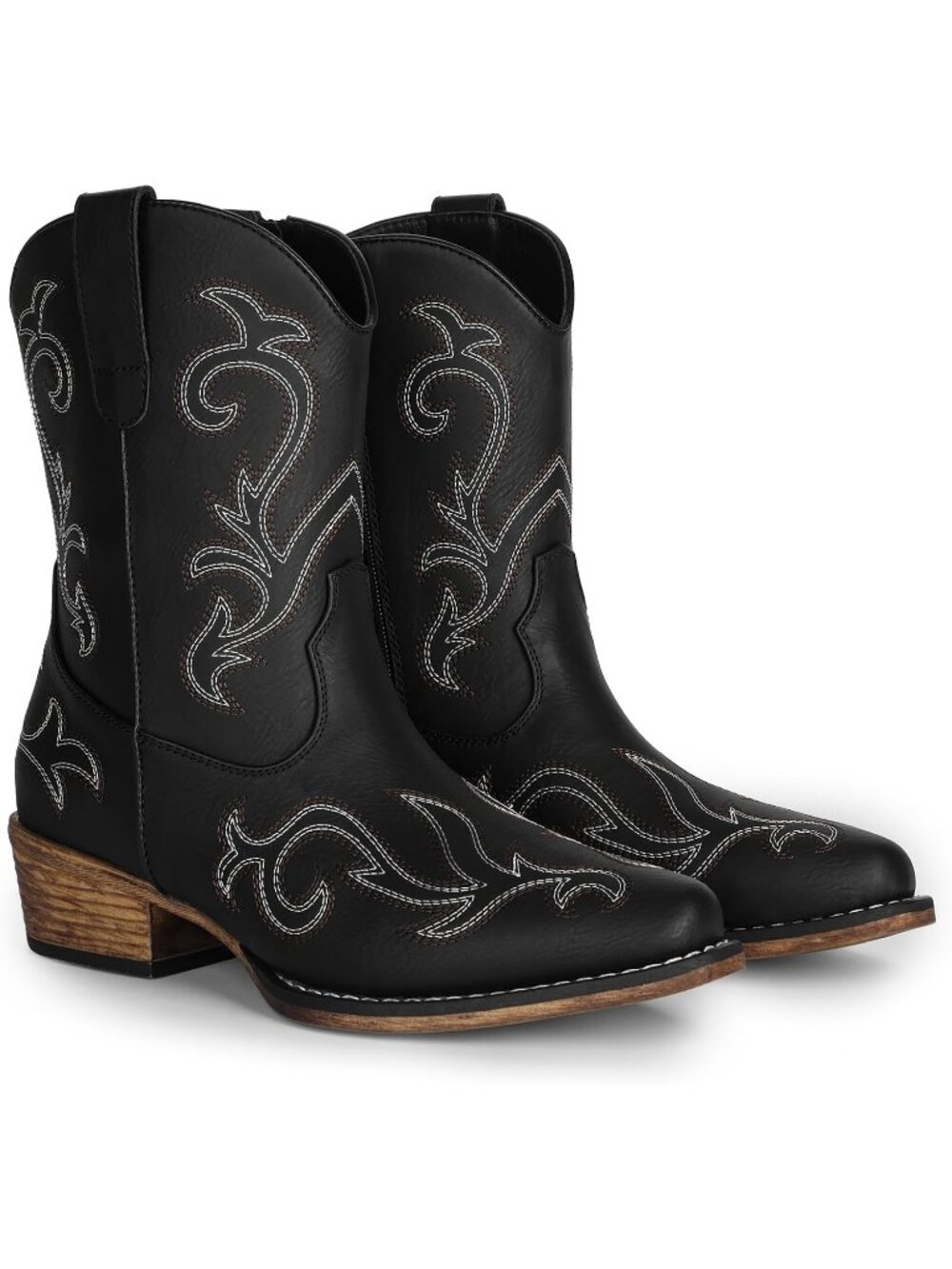 Women's Classic Black Square Toe Chunky Embroidered Western Boots with Zippers - Picture 6 of 6